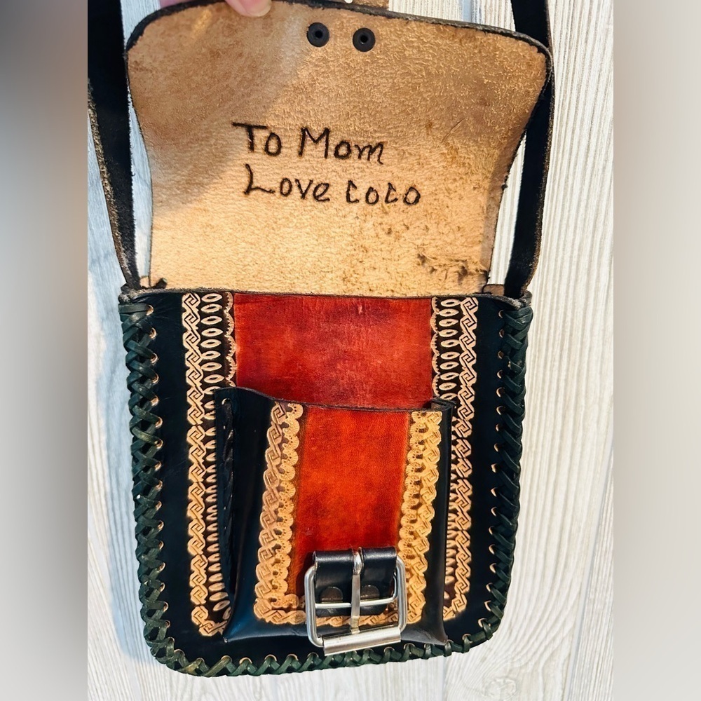 VINTAGE HAND TOOLED LEATHER Purse Bag Mexico Crossbody Adjustable Brown Boho - Picture 10 of 16